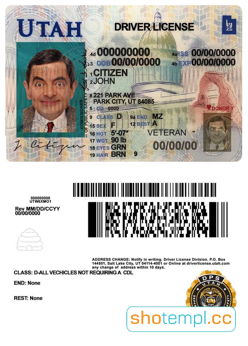 Utah Driver License PSD Template